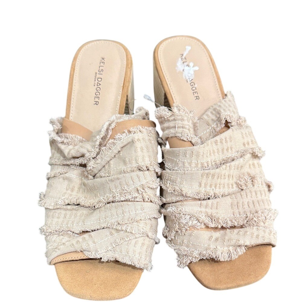 Kelsi Dagger Brooklyn Women Beige‎ Fringed Platform Block Heel Mules  Size 10